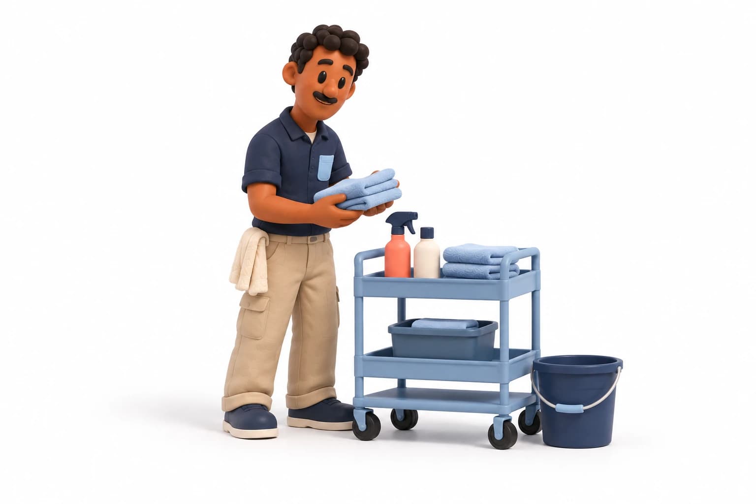 A detailer ready for work with towels and a supply cart.