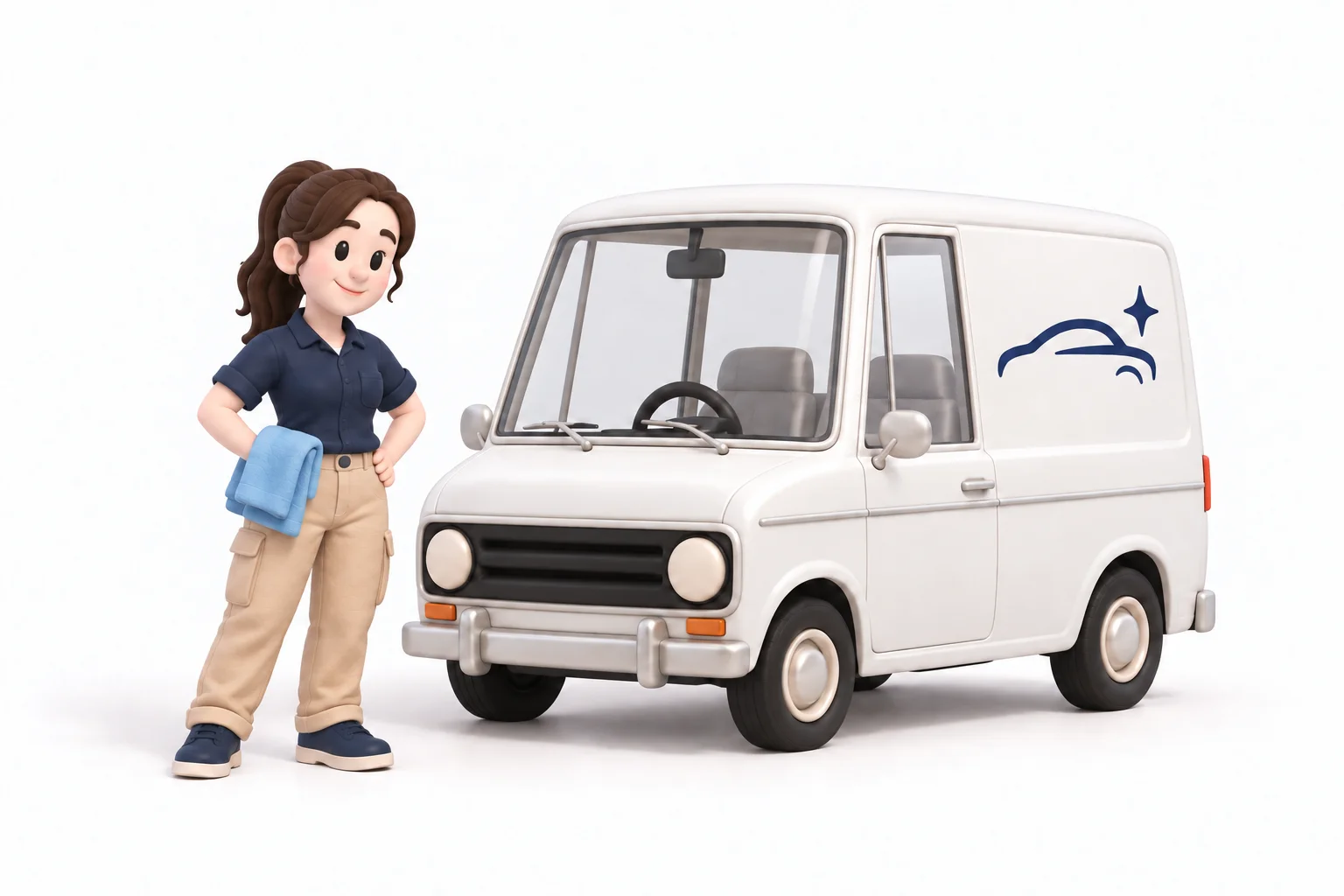 Illustration of a woman detailer holding a towel beside her detailing van.