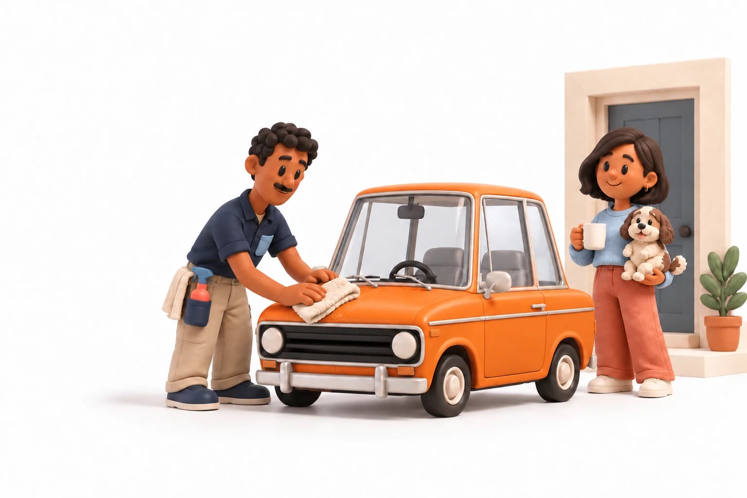Illustration of a detailer wiping an orange compact car while its owner holds a dog and coffee nearby.
