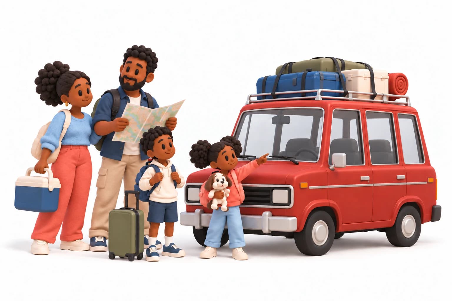 Illustration of a family with bags and a map beside a red SUV packed for a road trip.
