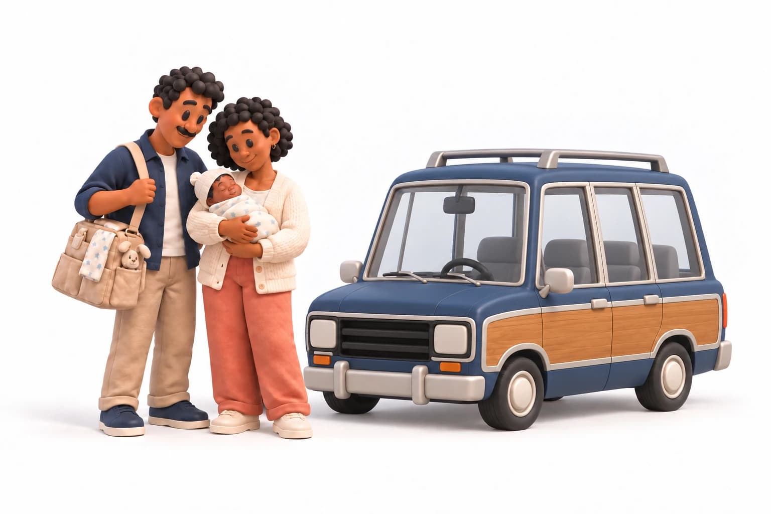 Illustration of new parents holding a baby beside a blue family wagon.