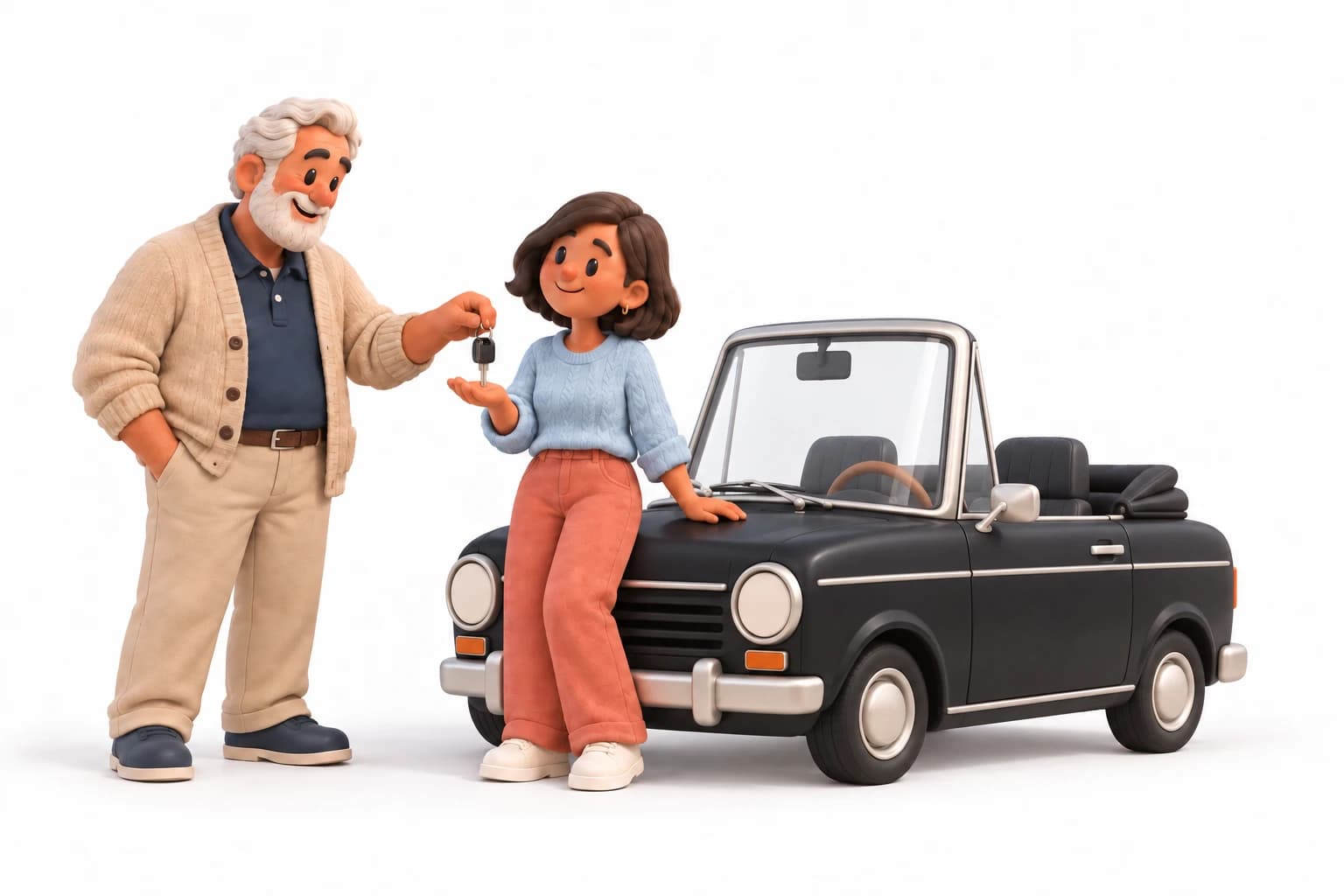 Illustration of an older man handing over the keys to a black roadster.
